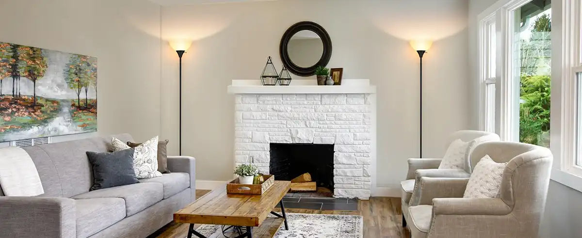 Torchiere floor lamp in living room