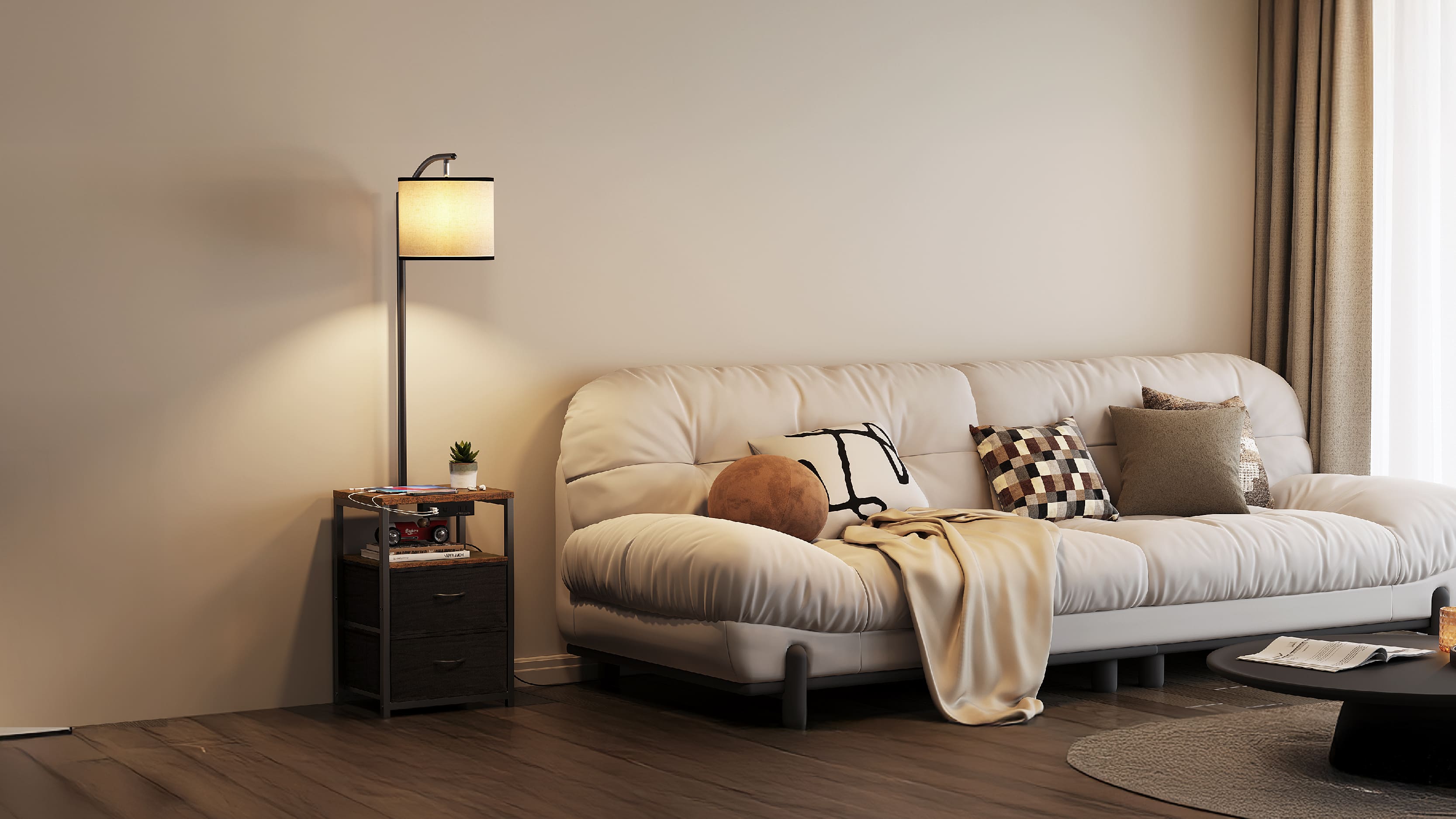 A modern, multi-functional floor lamp with built-in shelves and a drawer, styled in a cozy living room setting. The lamp features a charging port and provides warm, ambient lighting.