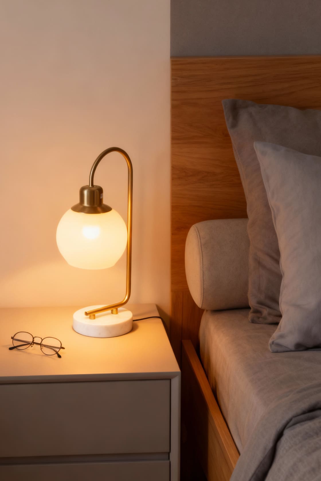 Image showcasing the frosted glass globe shade illuminating a desk area with the three selectable light temperatures, controlled by the rocker switch.