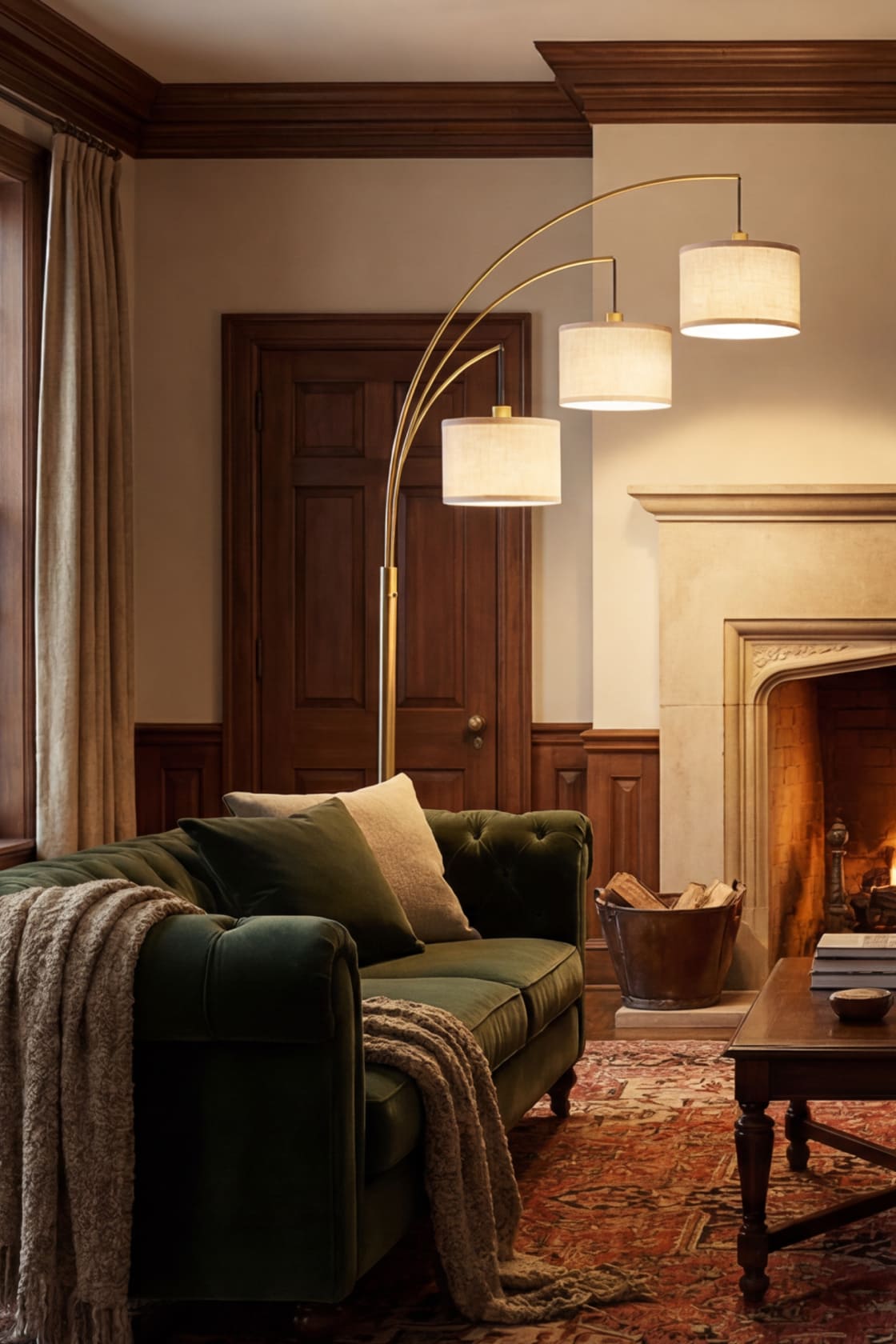 Full view of the 3-light arc floor lamp, highlighting the ability to rotate the entire stanchion 360 degrees to adjust the lamp's reach and angle in a living room corner.