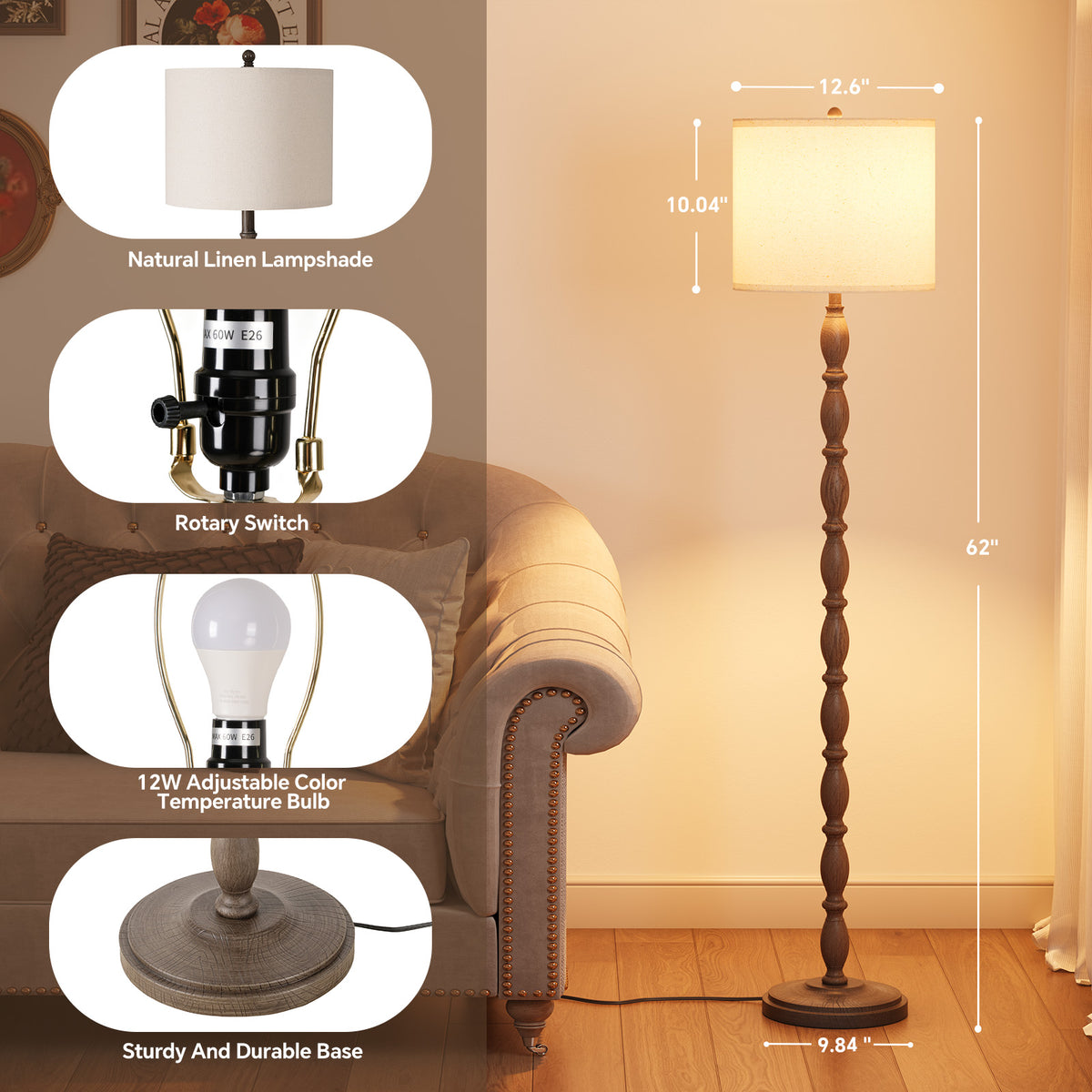 SUNMORY 62" Farmhouse Floor Lamps for Living Room