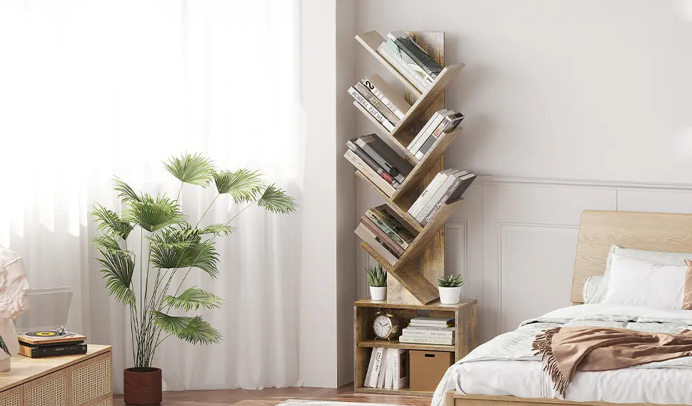 A space-saving modern tree-design bookshelf by Sunmory, featuring two lower storage cabinets, serving as a functional bedside table and decor.