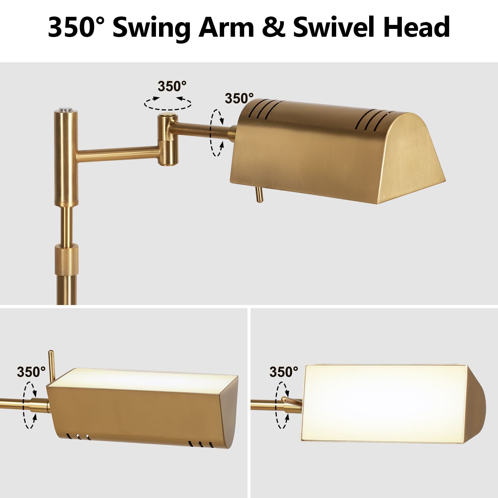 Full view of the adjustable floor lamp with the 350 swing arm fully extended over a couch. Emphasize the flexibility and ability to eliminate shadows in a living room or office setting.