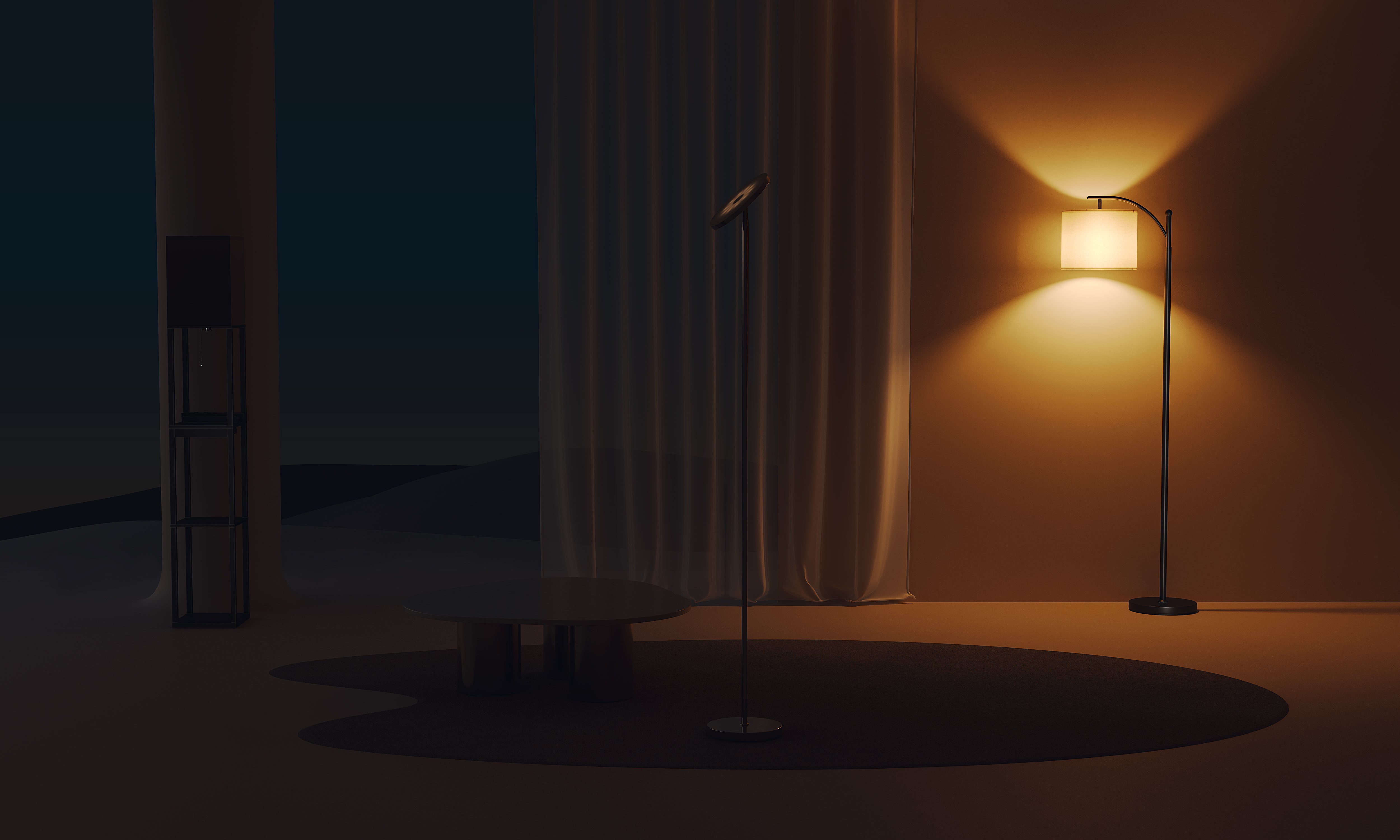 Arc floor lamp lighting a reading nook, ideal for focused task lighting.