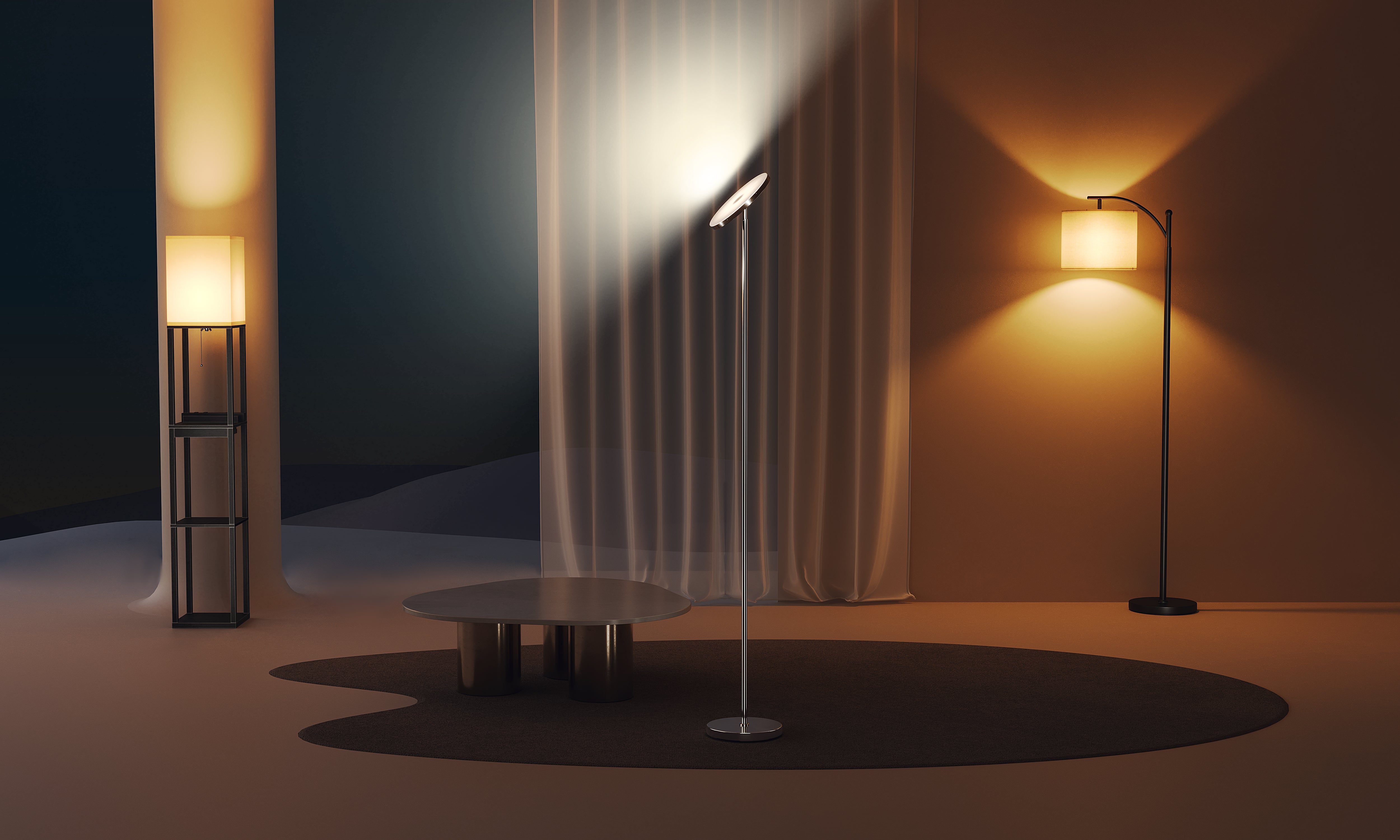 Cozy night scene with all three floor lamps illuminating the living room.