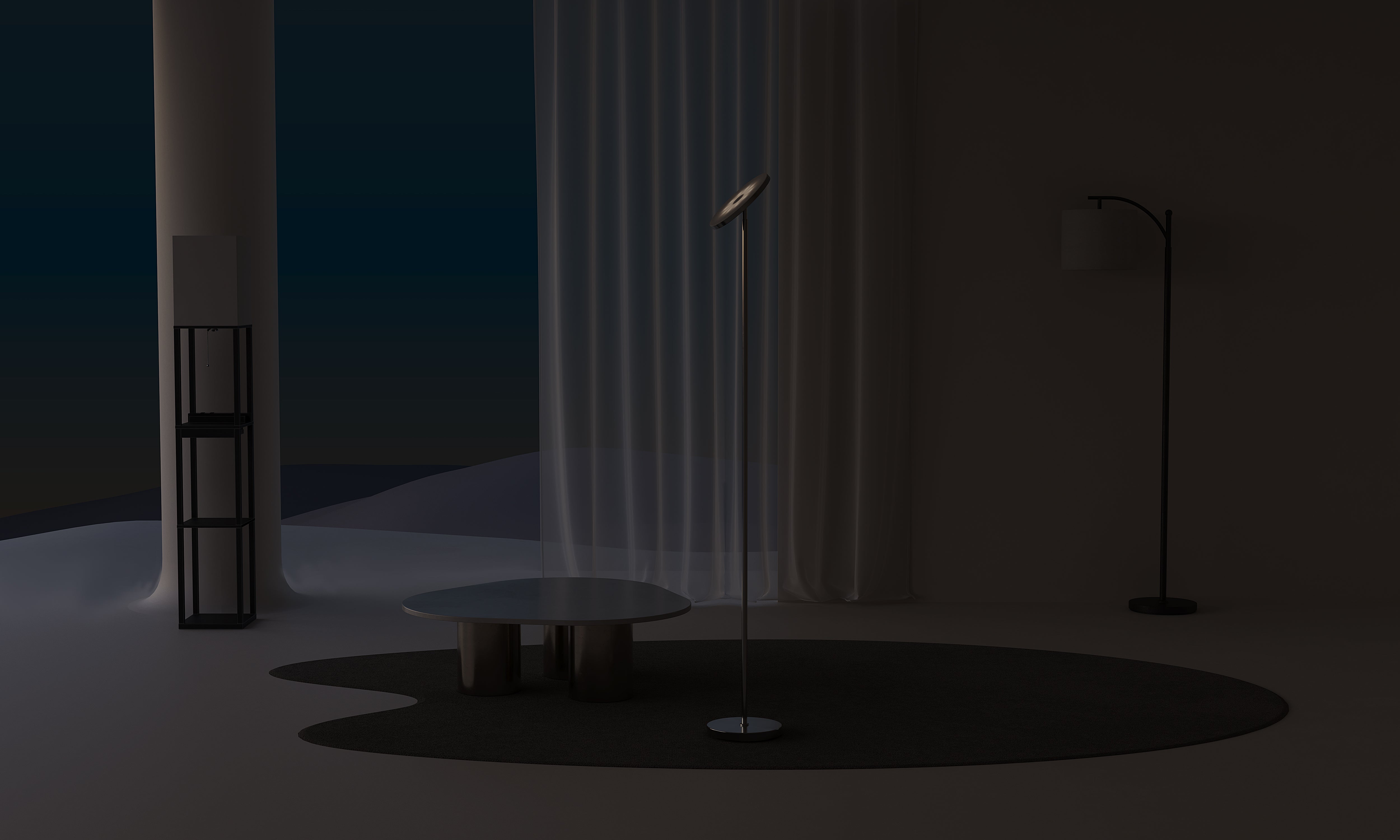 Nighttime living room with arc-torchiere-and shelf lamps turned off