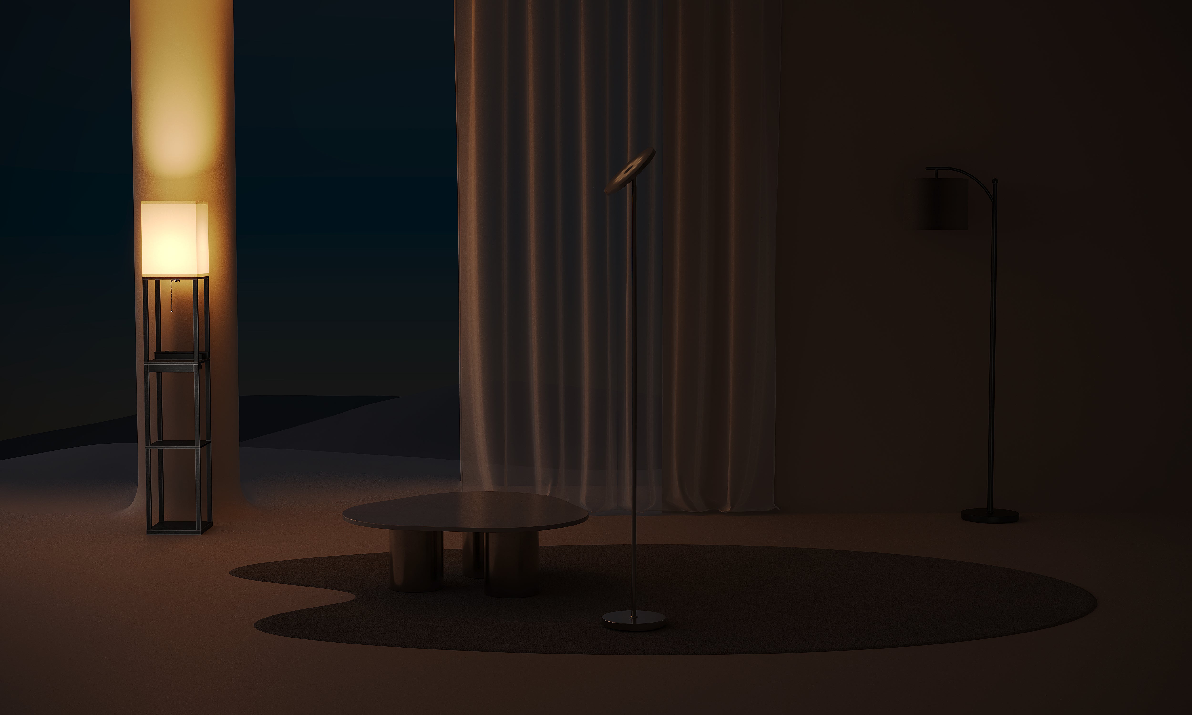 Shelf floor lamp providing accent light and storage next to a modern sofa.