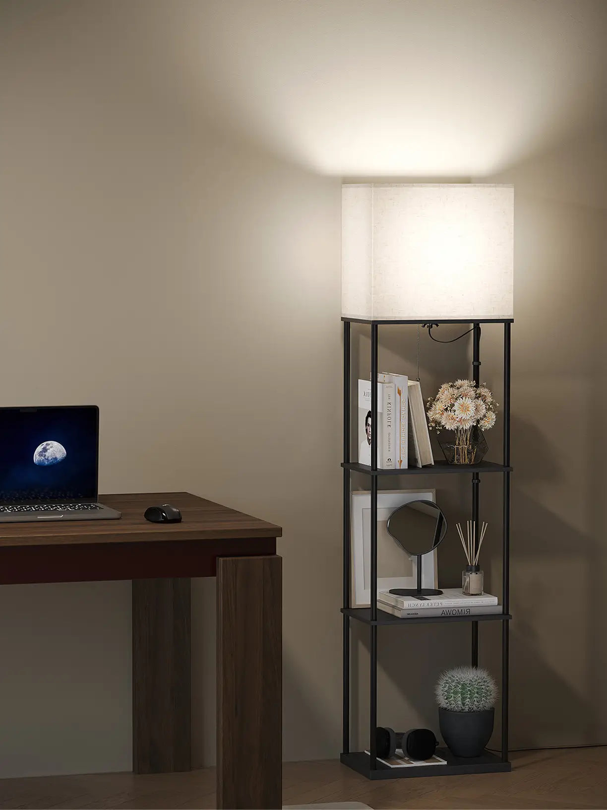 An industrial-style floor lamp featuring a open square storage design and a dark metal finish, offering a raw, urban aesthetic for a modern loft or living space.