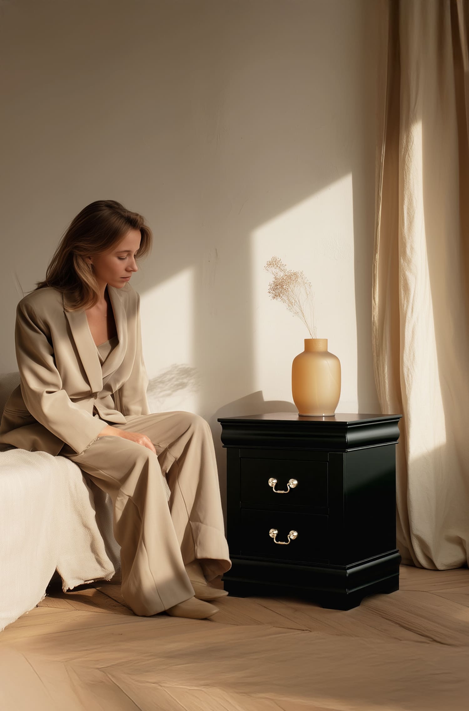 A detailed shot of the nightstand's elegant nickel-finished bail pull hardware and the subtle bracket feet, emphasizing the quality craftsmanship.