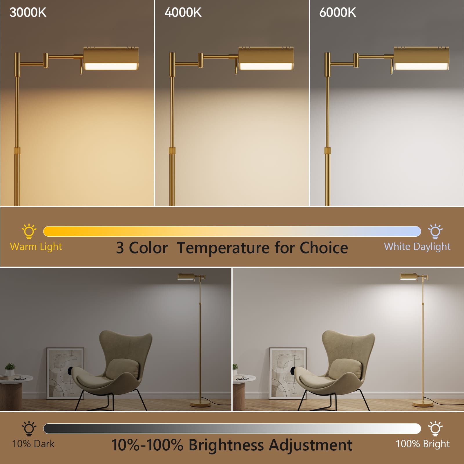 Bright LED pharmacy floor lamp showing 1500LM eye-caring light focused on a person reading or doing crafting. Highlight the flicker-free and dimmable feature.