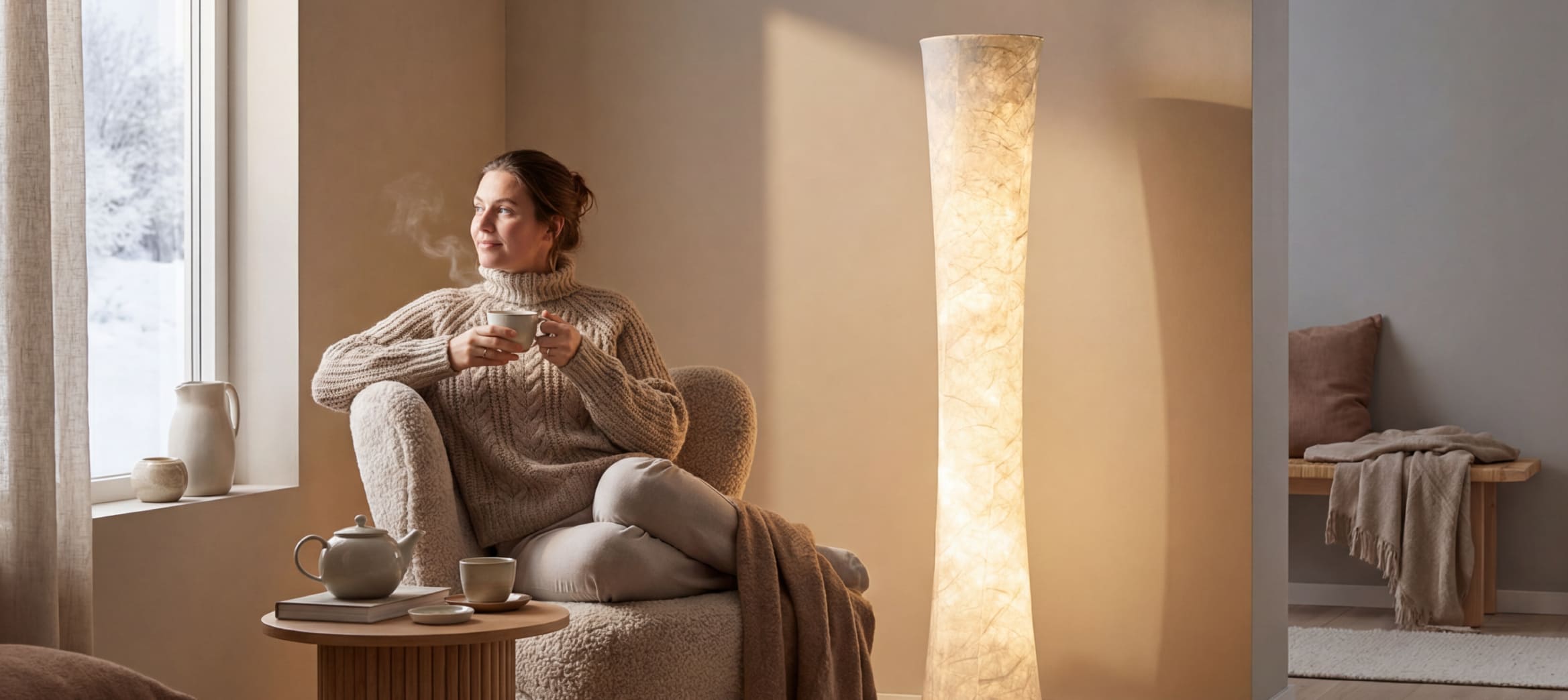 Modern slim waist RGB floor lamp with music sync and sound sensing, perfect for game room or living room ambiance, offering 1800LM of dimmable light and Tyvek fabric shade.