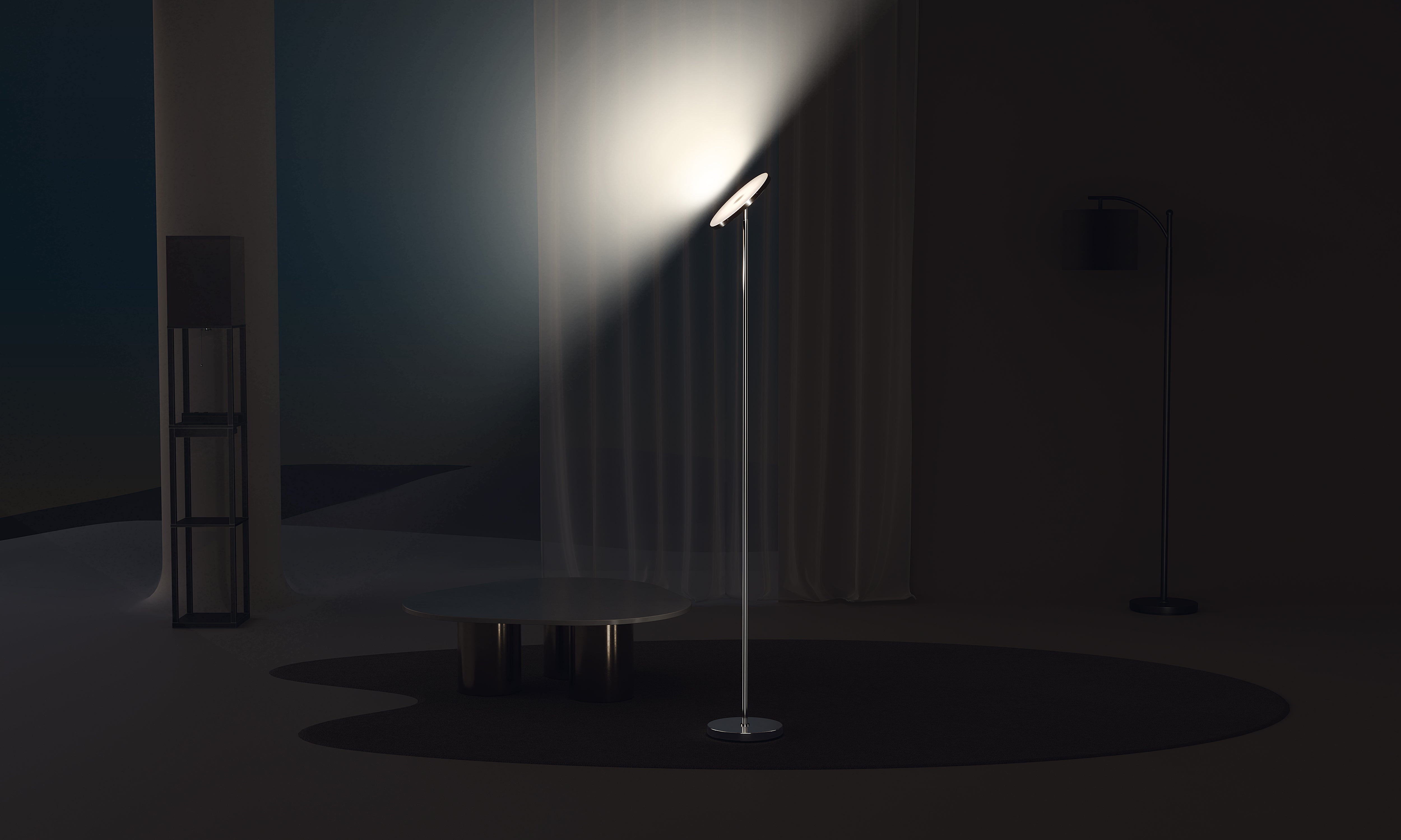 Torchiere floor lamp casting soft ambient light in the living room corner.