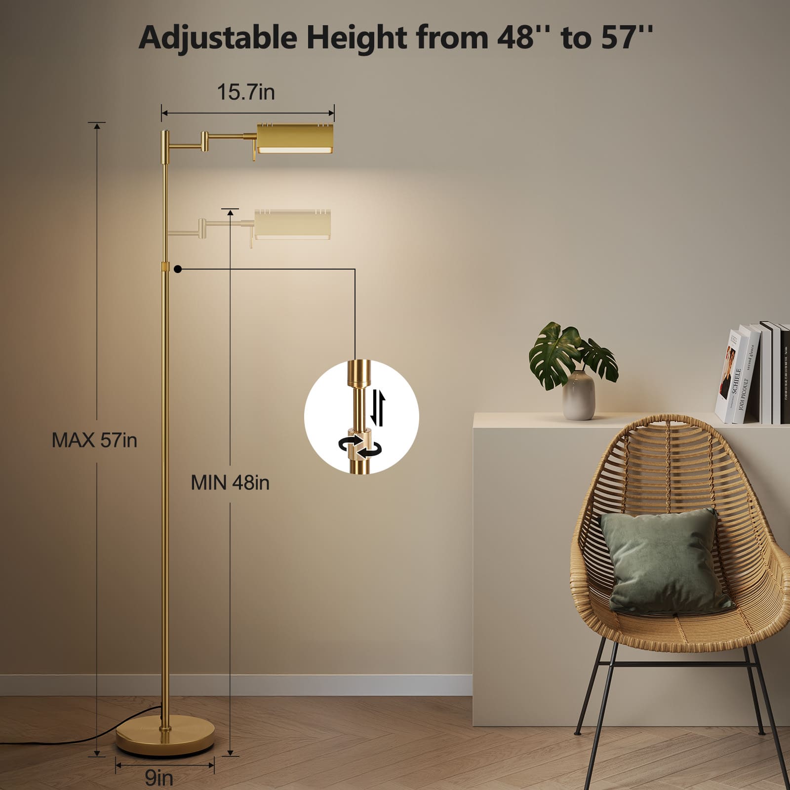 Image showing the sturdy, weighted base of the vintage pharmacy floor lamp. Highlight the 4.7lb heavy base and slim footprint, promoting safety for homes with children and pets.