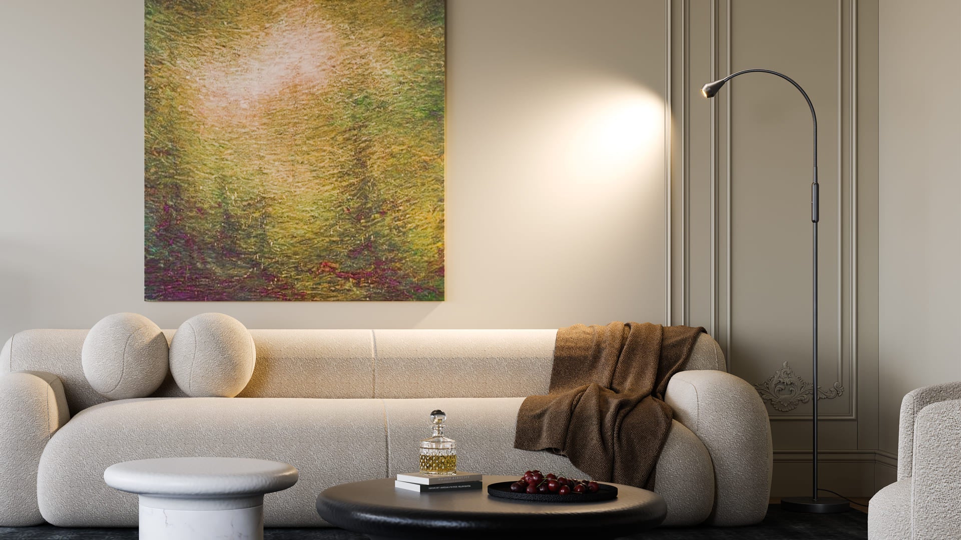 A modern adjustable floor lamp casting a warm 3000K light glow on a living room with wooden furniture and soft throws, creating a cozy atmosphere.