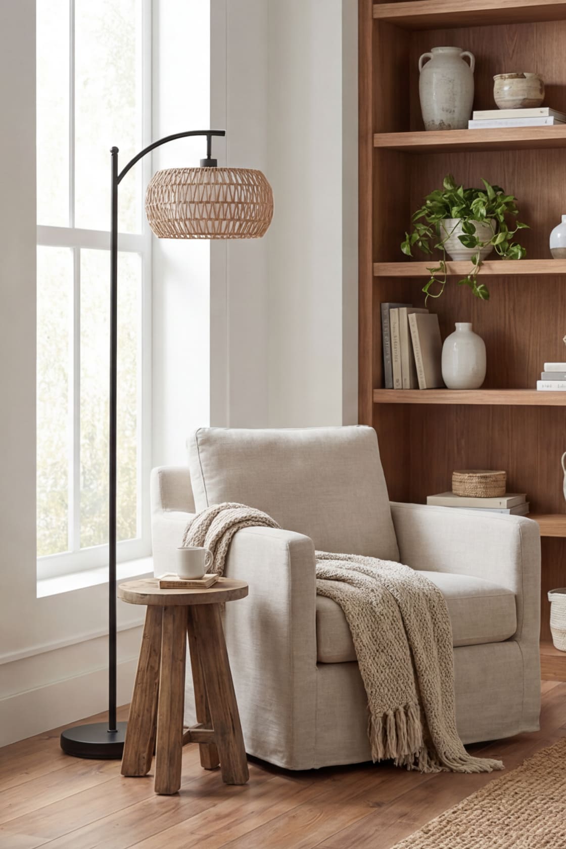 A view of the Sunmory 3-in-1 floor lamp showcasing both the rattan and linen drum shade options for versatile home decor styling.