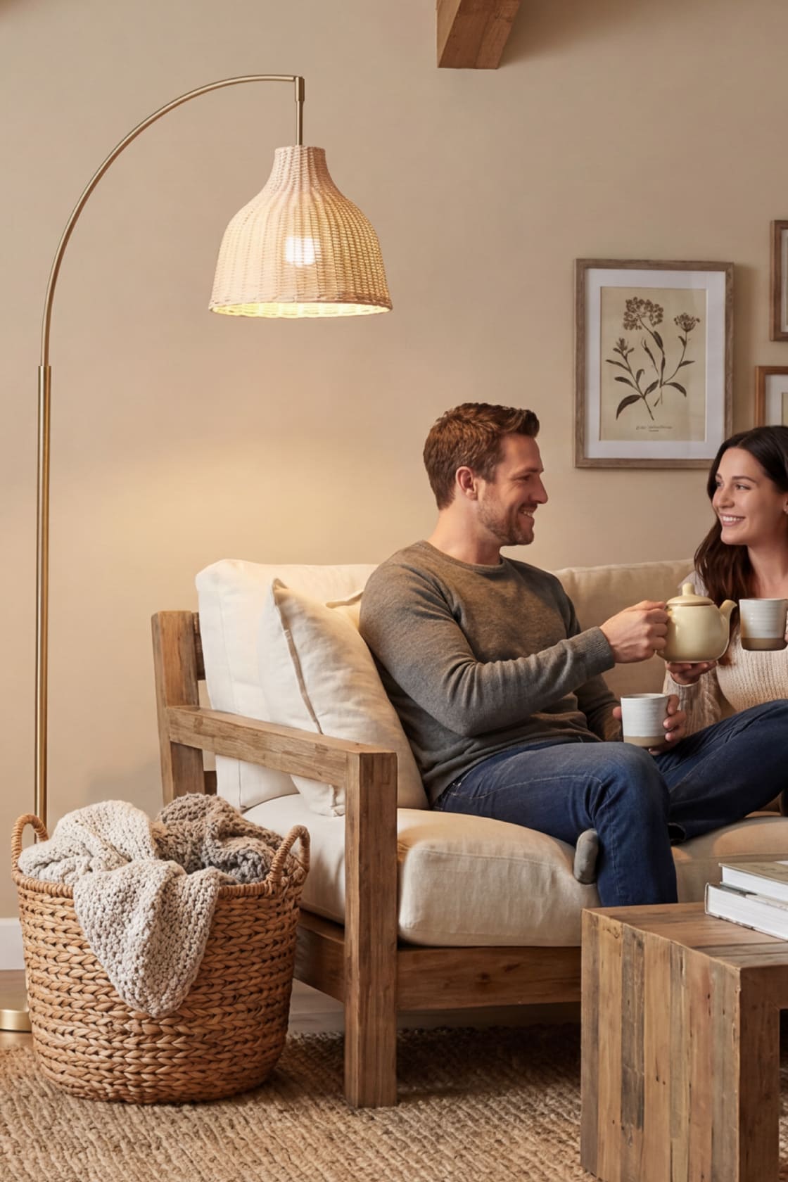 A full view of the Sunmory boho rattan arched floor lamp in antique bronze finish, placed next to a modern sofa in a living room setting.