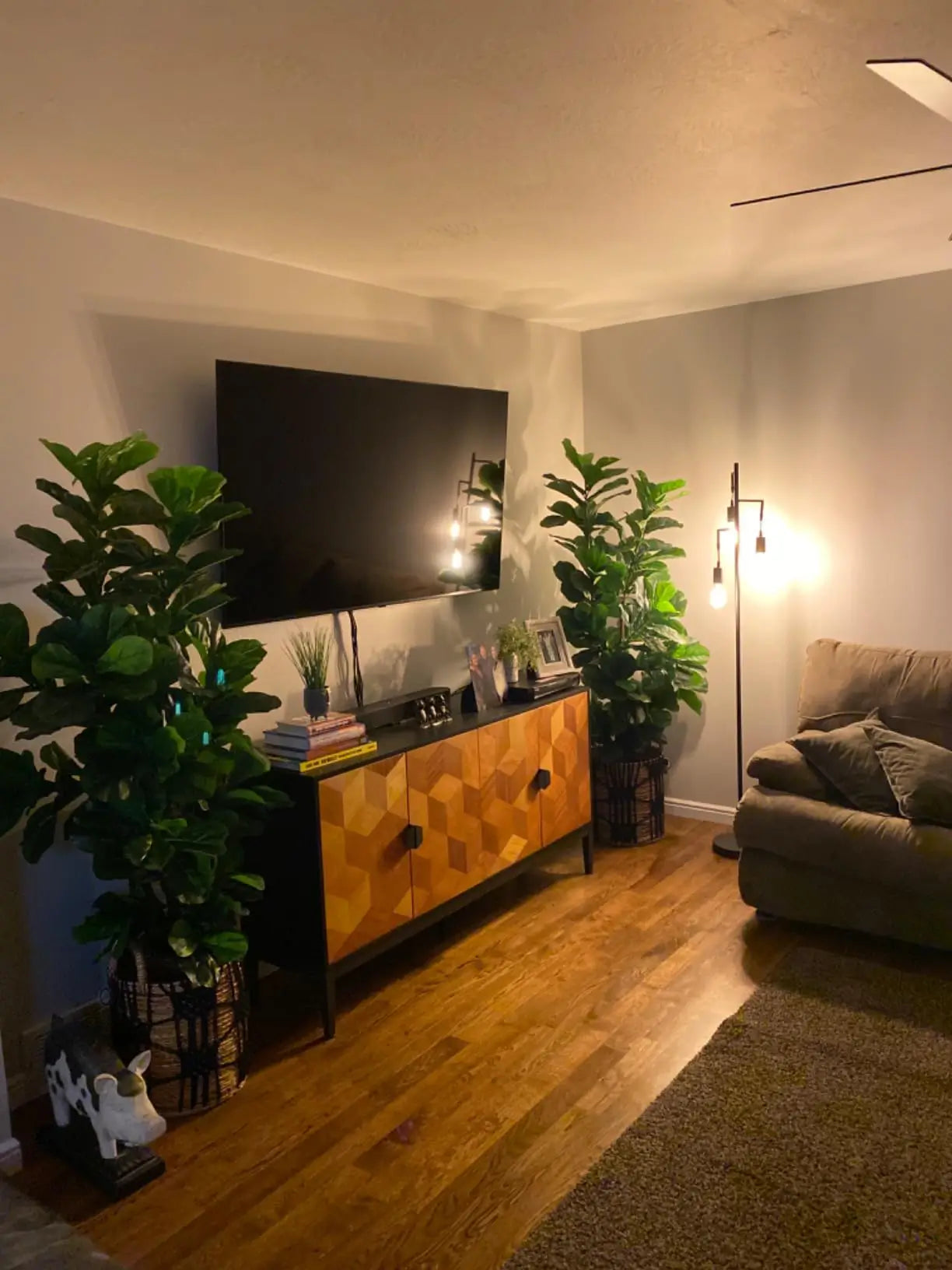 A decorative multi-head floor lamp featuring three black metal cage shades and Edison bulbs, serving as a stylish lighting accent next to a vibrant green fiddle-leaf fig plant.