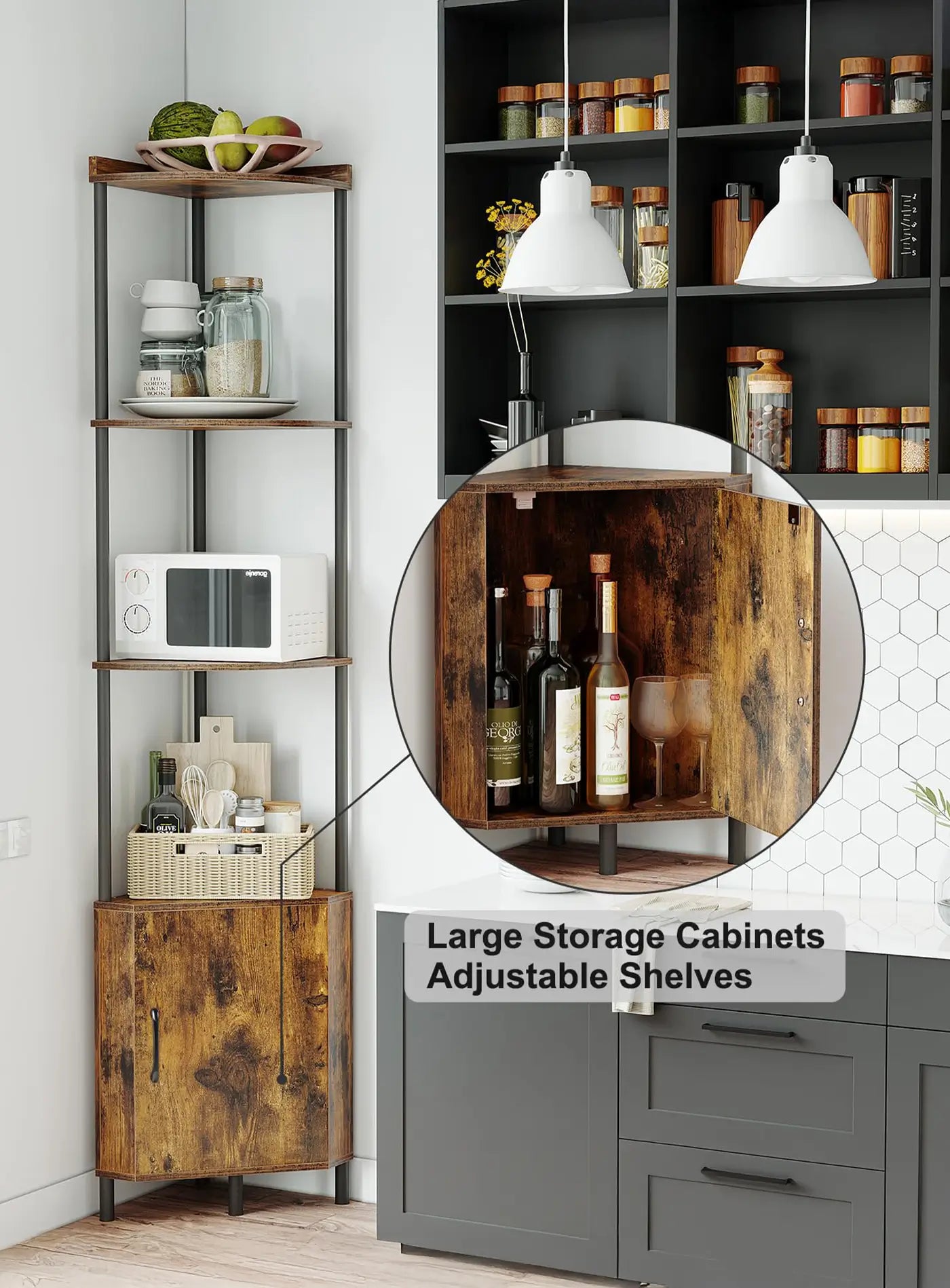 SUNMORY 65.4" 5 Tier Corner Cabinet Shelf with Storage