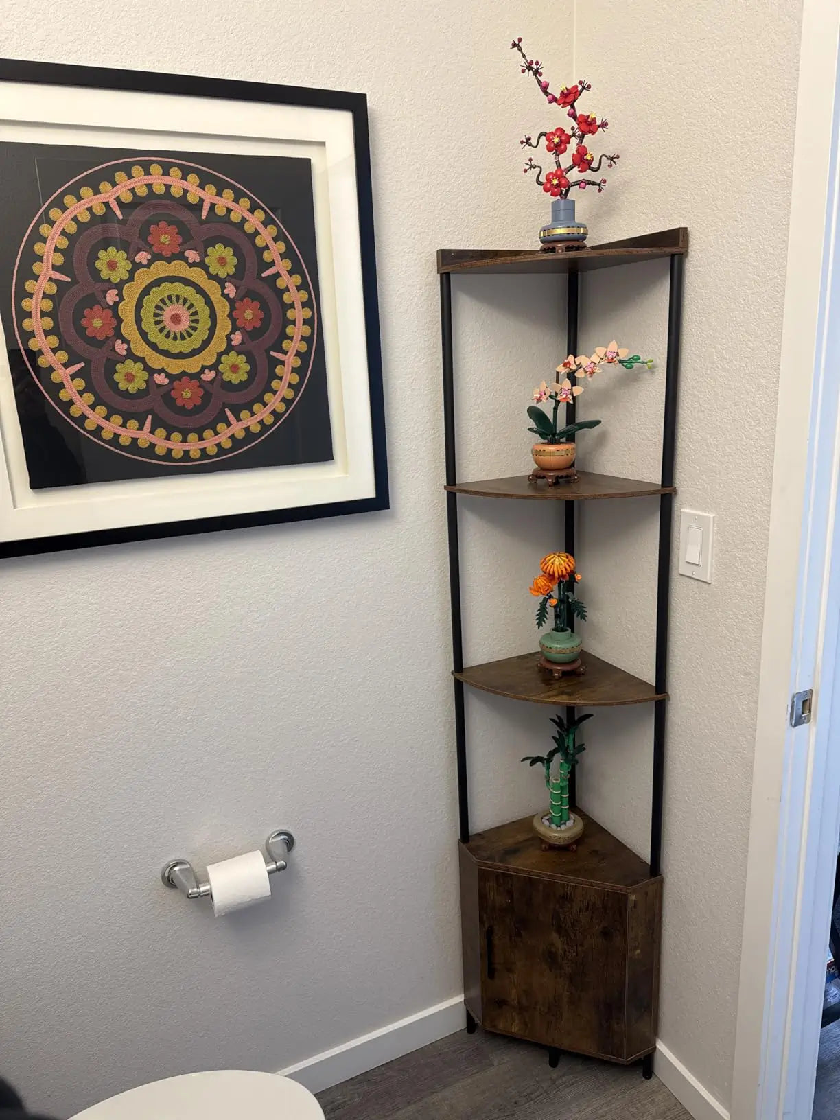 An elegant corner cabinet shelf featuring a sophisticated design with multiple shelves, ideal for showcasing cherished collectibles, figurines, or small decorative accents.