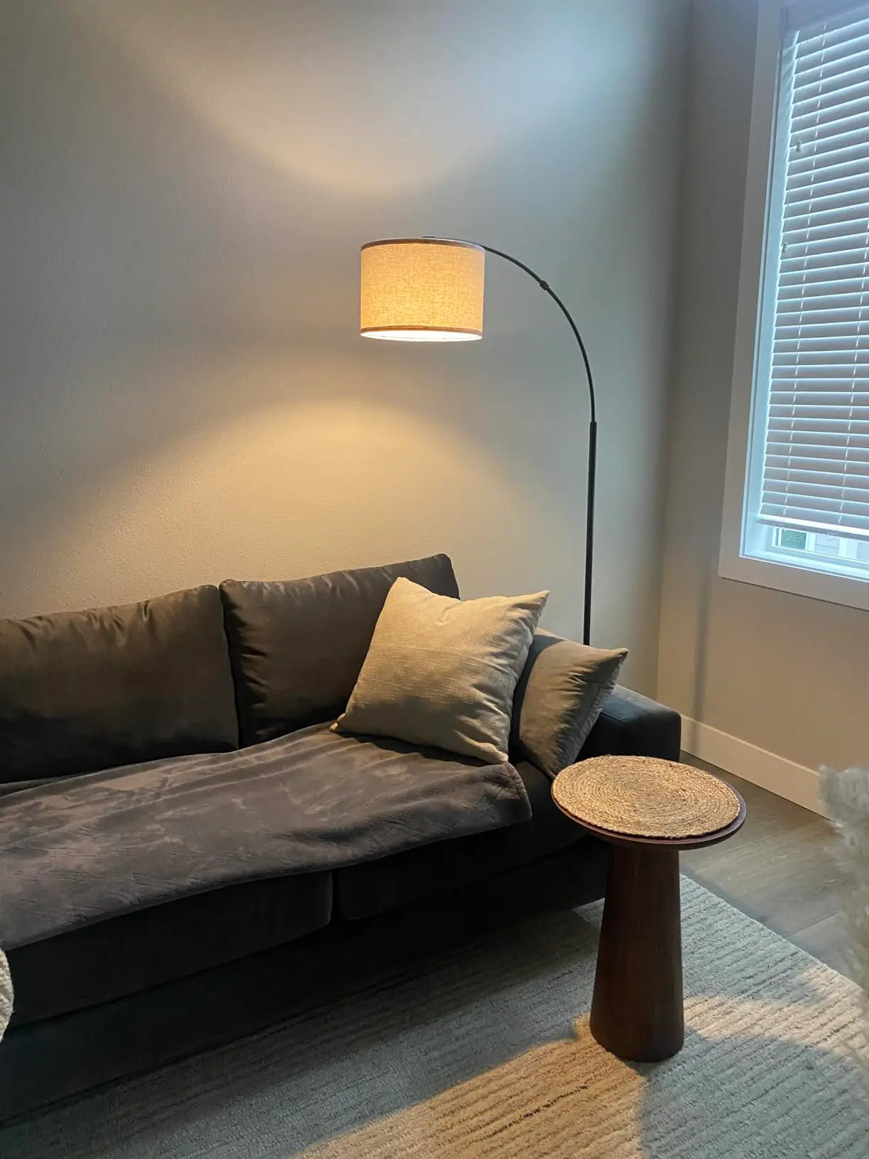 An elegant curved floor lamp with a metallic finish and a classic white drum shade, providing a soft overhead glow to a living space with a comfortable sofa and decorative pillows.