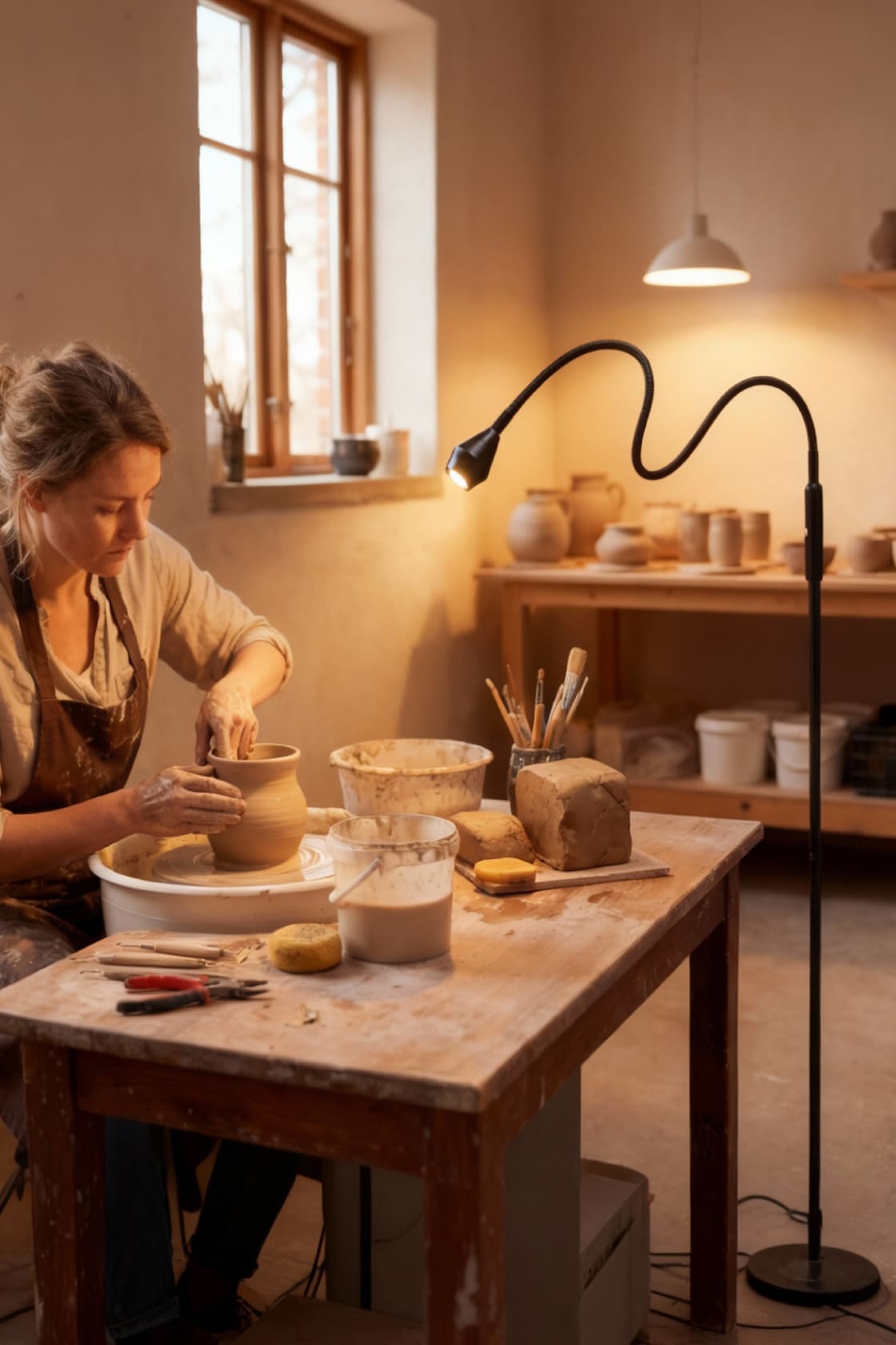 Close-up on the lamp head mechanism, demonstrating how pulling it apart creates a focused beam for precision work like crafts or writing.