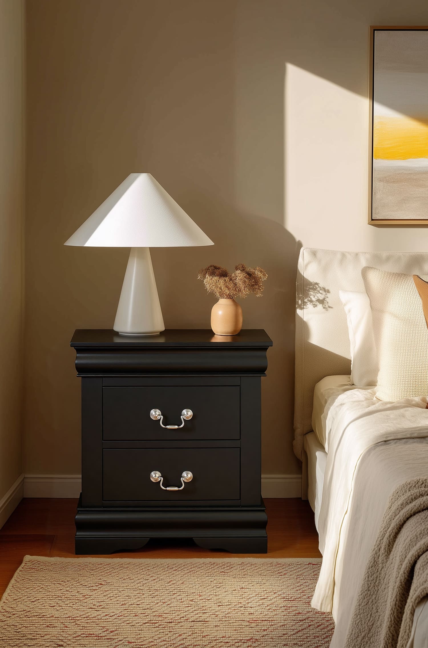 A classic Louis Philippe black nightstand with two drawers, showcasing its elegant curves and nickel-finished bail pulls.
