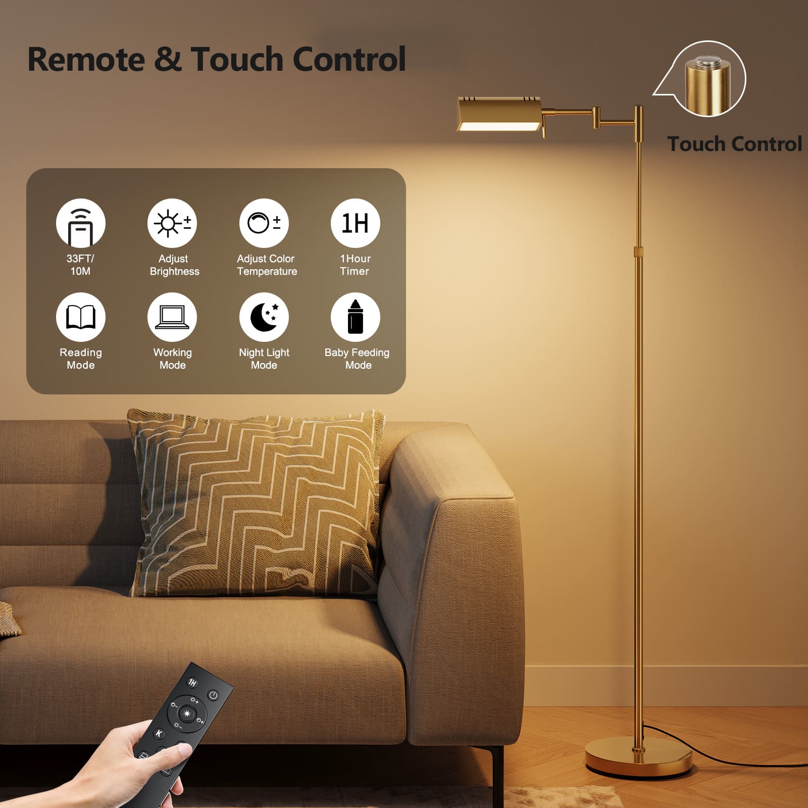 Close-up of the touch control panel and the magnetic remote control attached to the lamp pole. Illustrates the 4 preset scene modes for convenience and the sleek, integrated design.