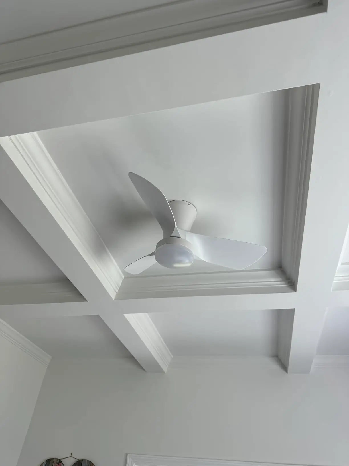 A smart ceiling fan with an energy-efficient LED light, likely controlled by a remote, offering versatile lighting and air movement for modern homes.