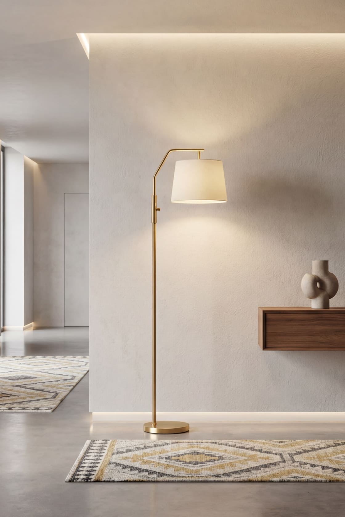 Close-up of the modern floor lamp's intuitive rotary knob, showing the 0-100% stepless dimming control for fully customizable brightness.