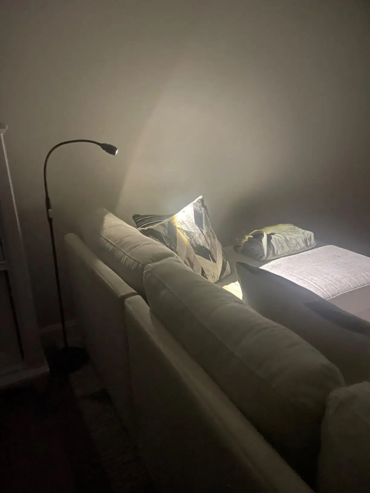 A studio-style LED beam floor lamp with a dark metallic finish and a prominent, adjustable spotlight head, delivering powerful and focused illumination, ideal for a creative workspace or accent lighting.